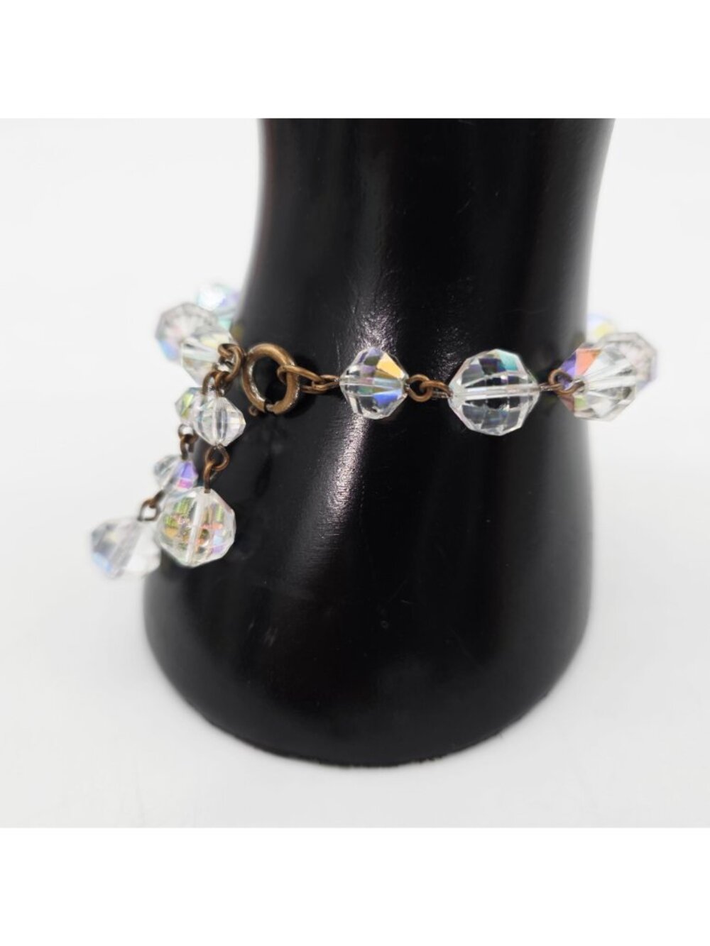 Crystal Iridescent Bead Bracelet & Clip-On Earrings Aurora Borealis MCM 1950s - Picture 6 of 9